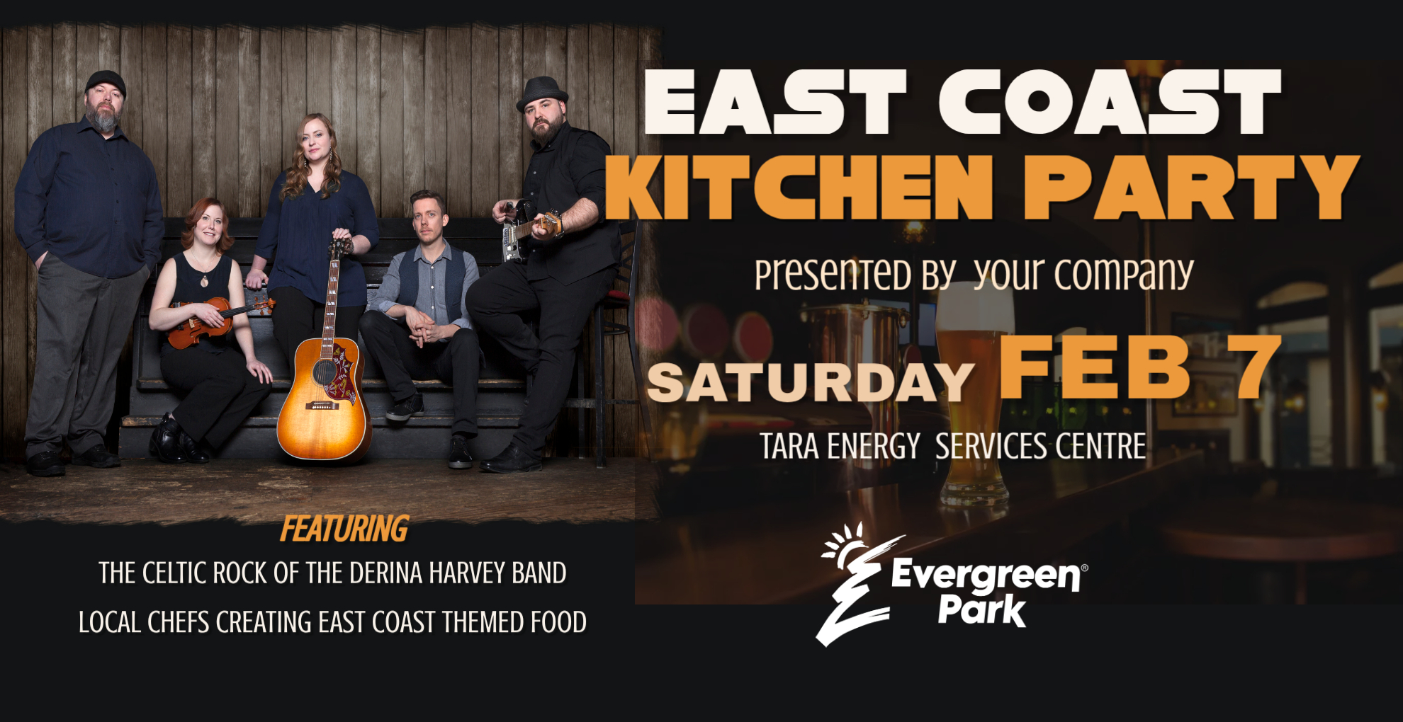 An advertisement promoting an East Coast Kitchen Party event features a five person Celtic rock band with instruments on the left, while the right side displays the event title, date Saturday February 7, location, and sponsor details against a blurred bar interior.