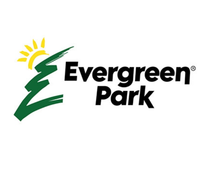 The image displays a logo on a white background, featuring the words Evergreen Park in black next to a green stylized E shape topped by a yellow sun.