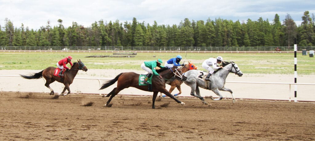 Five jockeys urge their horses forward on a dirt racetrack, kicking up dust as they race past a distant line of green trees under a cloudy sky.