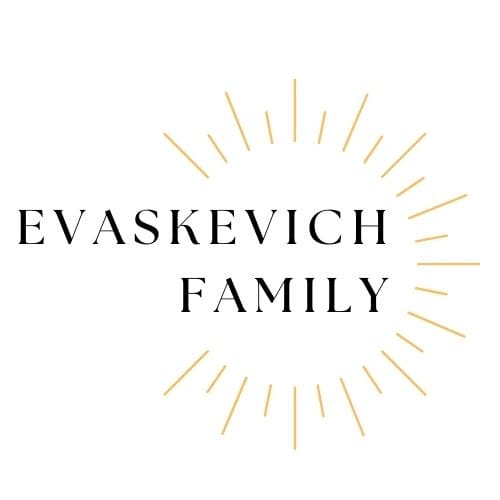 The words EVASKEVICH FAMILY are displayed in black on a white background, encircled by a burst of golden lines.