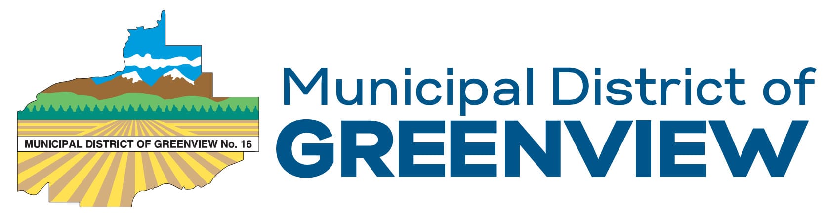 A logo featuring blue mountains, green forests, and yellow cultivated fields, containing the words MUNICIPAL DISTRICT OF GREENVIEW No. 16, is displayed alongside larger blue text reading Municipal District of GREENVIEW.