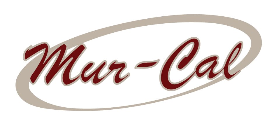The image displays a logo featuring the stylized words Mur Cal in dark red script, encircled by a light tan oval on a white background.
