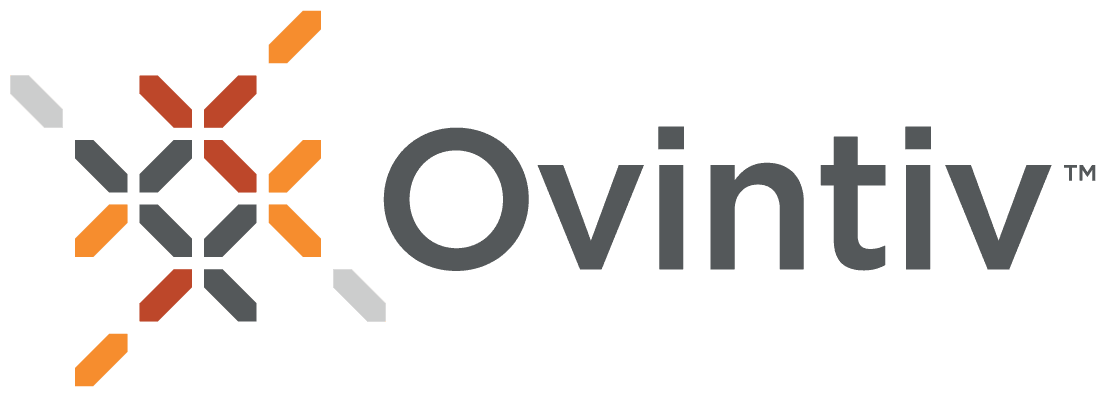 The image displays the Ovintiv logo against a dark green background, featuring a multicolored geometric design composed of interconnected segments in shades of orange, red, and gray, positioned to the left of the dark gray word Ovintiv and its trademark indicator.