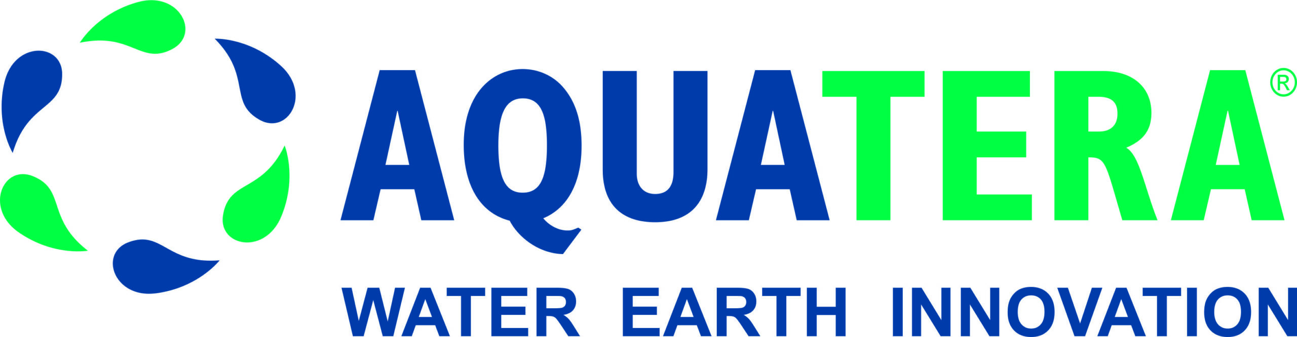 The image shows a logo with four alternating blue and green drop like shapes forming a circle, next to the word AQUATERA where AQUA is blue and TERA is green, with the phrase WATER EARTH INNOVATION in blue text below it.