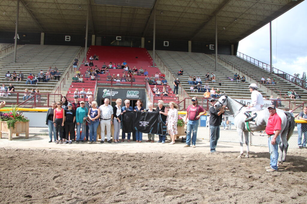 People are gathered on a dirt track with two horses, one carrying a jockey, in front of covered grandstands populated by spectators.