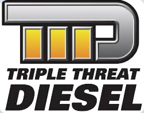 A logo for Triple Threat Diesel is shown, featuring a metallic silver emblem with three yellow and orange vertical bars and the brand name in bold black letters.