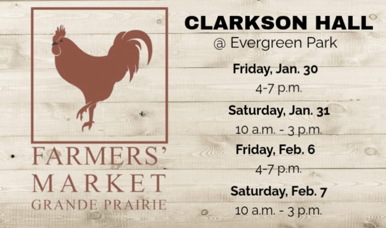 An advertisement for the Grande Prairie Farmers Market at Clarkson Hall in Evergreen Park displays a rooster silhouette and lists a schedule of dates and times for late January and early February.