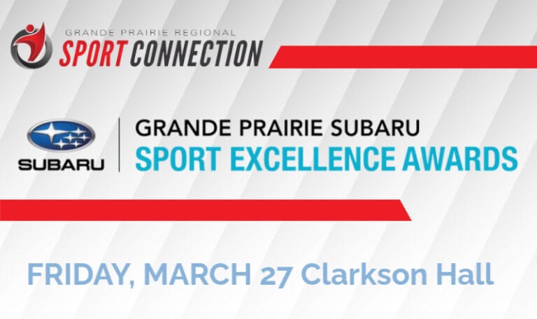 The image displays an event poster announcing the Grande Prairie Subaru Sport Excellence Awards, presented by Grande Prairie Regional Sport Connection, scheduled for Friday, March 27 at Clarkson Hall.