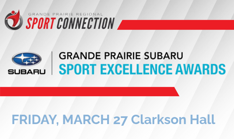This graphic advertises the Grande Prairie Regional Sport Connection and the Grande Prairie Subaru Sport Excellence Awards, noting the event will be held Friday, March 27 at Clarkson Hall, all presented on a background with diagonal grey stripes and red accent bars.