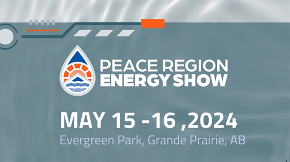 A stylized advertisement on a muted blue gray background promotes the Peace Region Energy Show, scheduled for May 15 and 16, 2024, at Evergreen Park, Grande Prairie, AB, and features a distinctive droplet logo depicting a sun, mountains, and waves.