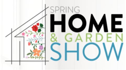 The image displays a logo for a Spring Home and Garden Show featuring a stylized house outline filled with colorful flowers and leaves next to the event title.