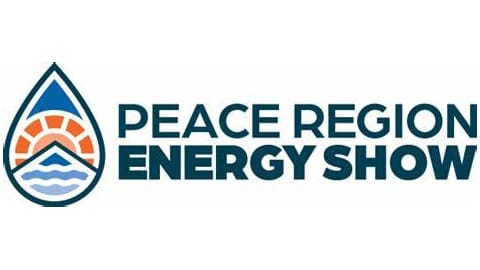 The image displays the logo for the Peace Region Energy Show, featuring dark blue text and a stylized water droplet icon containing an orange sun, mountains, and blue waves, all set on a white background.