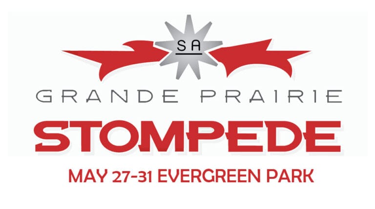 A red and silver logo with the letters SA in a star shape sits above the text Grande Prairie Stampede, indicating the event is scheduled for May twenty seventh through thirty first at Evergreen Park.