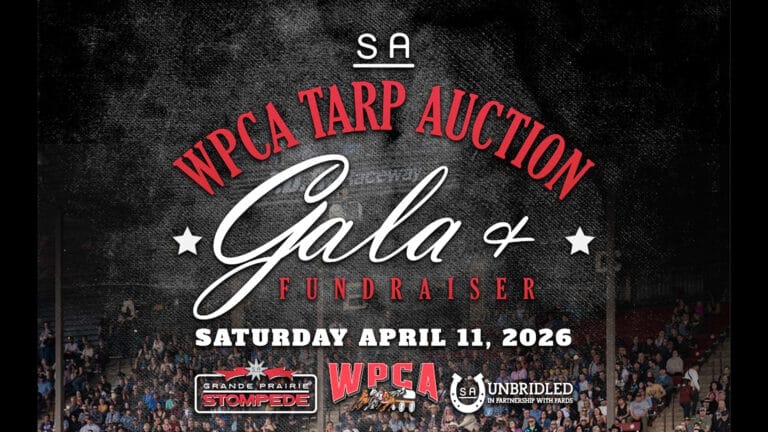 A promotional poster for the SA WPCA Tarp Auction Gala and Fundraiser on Saturday, April 11, 2026, is prominently displayed over an image of a large audience in stadium seating.