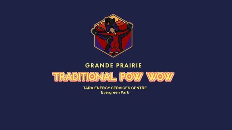 The image displays a dark blue poster advertising the Grande Prairie Traditional Pow Wow, featuring a hexagonal logo with a stylized dancing figure and text indicating the event location at Tara Energy Services Centre Evergreen Park.