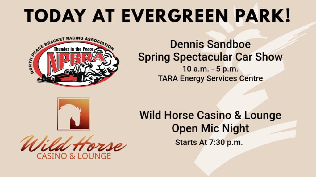 The image displays an event schedule for today at Evergreen Park, detailing the Dennis Sandboe Spring Spectacular Car Show from 10 a.m. to 5 p.m. and an Open Mic Night by Wild Horse Casino and Lounge starting at 7:30 p.m., accompanied by their respective logos.