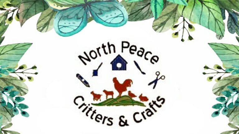 The image features a white background with a watercolor border of green and teal leaves and a butterfly, framing a central logo for North Peace Critters and Crafts which includes icons of a birdhouse, craft tools, and farm animals.