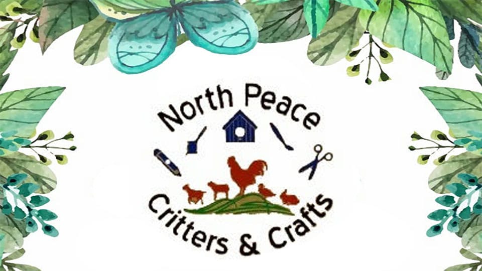 The image displays a logo for North Peace Critters and Crafts, featuring a rooster, other small farm animals, a birdhouse, and various craft tools, all framed by a decorative border of green foliage and blue winged elements on a white background.