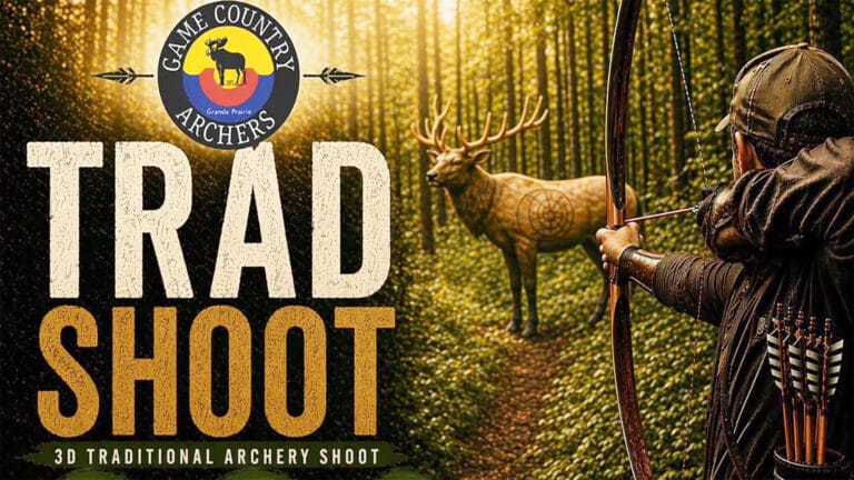 An archer aims a bow and arrow at a 3D deer target on a path in a sunlit forest, with large text promoting a traditional archery shoot.