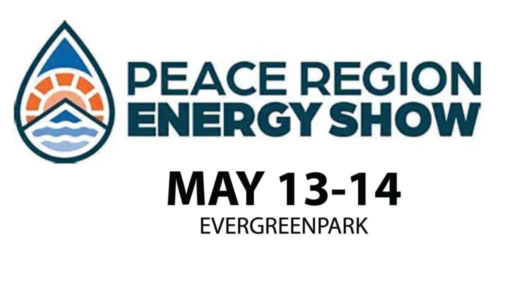 The image presents a logo with a sun, mountains, and waves within a teardrop shape, accompanied by text for the Peace Region Energy Show, scheduled for May thirteenth to fourteenth at Evergreenpark.