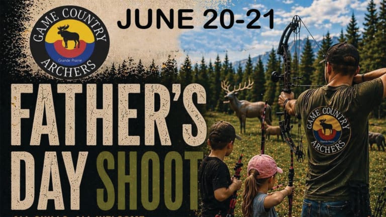 An adult man and two children are shown practicing archery with bows at animal targets in a scenic outdoor setting with forests and mountains, while large text promotes a Game Country Archers Fathers Day Shoot scheduled for June twenty and twenty one.