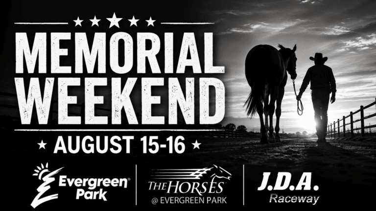 The image displays prominent white text for Memorial Weekend August 15 and 16, overlaid on a black and white photograph of a person in a cowboy hat leading a horse along a fenced path during sunrise, with additional logos for Evergreen Park and J.D.A. Raceway at the bottom.