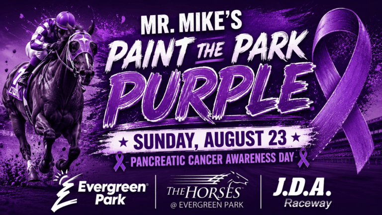 This purple themed promotional poster features a racehorse and jockey, a large awareness ribbon, and text announcing Mr. Mikes Paint the Park Purple on Sunday, August 23, for Pancreatic Cancer Awareness Day, along with logos for Evergreen Park, The Horses, and J.D.A. Raceway.