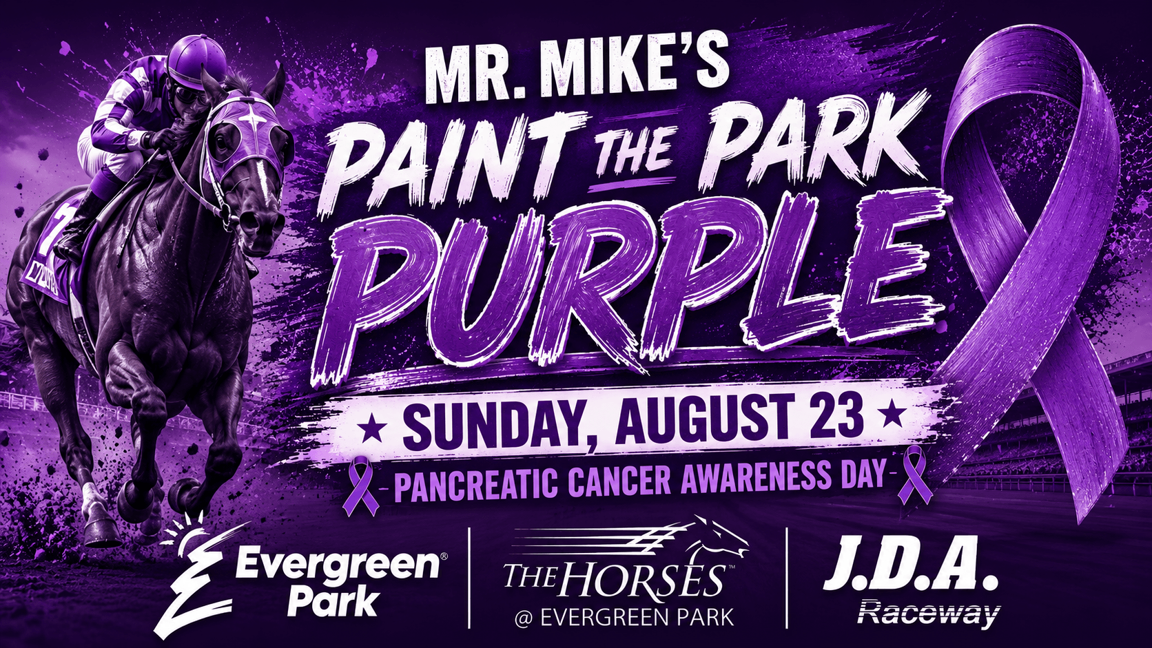 This image is a purple themed promotional poster featuring a jockey riding a racehorse, a large awareness ribbon, and text for Mr. Mikes Paint the Park Purple event on Sunday, August 23, designated as Pancreatic Cancer Awareness Day, alongside various raceway logos.