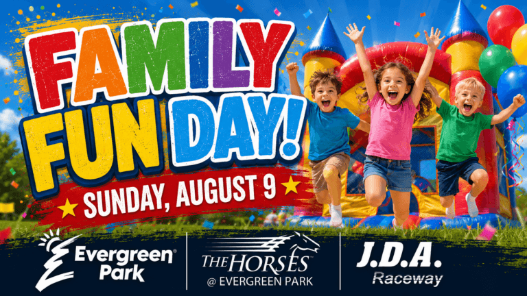 Three happy children are shown jumping in front of a colorful bouncy castle and balloons, accompanied by the large text FAMILY FUN DAY! SUNDAY, AUGUST 9 and several event logos at the bottom.