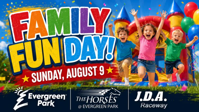 This vibrant advertisement features three joyful children jumping in front of a colorful bounce house with balloons and confetti, promoting a Family Fun Day on Sunday, August 9, alongside logos for Evergreen Park, The Horses at Evergreen Park, and J.D.A. Raceway.