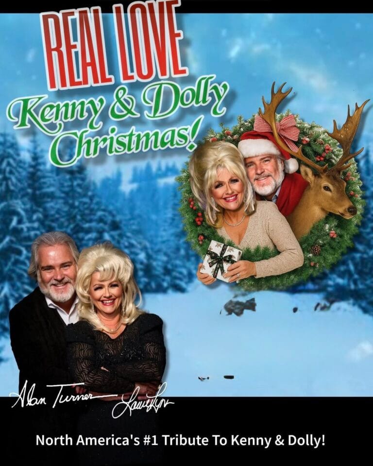 A promotional poster for a Kenny and Dolly Christmas tribute show features two smiling performers, a blonde woman and a bearded man, depicted twice: once as a couple, and again with the man in a Santa hat inside a festive wreath with a deer, all against a snowy forest and with event titles.