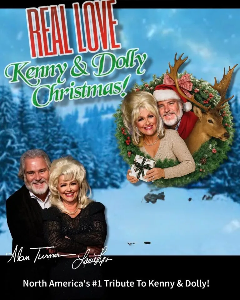 A festive poster displays the title REAL LOVE Kenny Dolly Christmas! above two smiling couples, one in holiday attire with a man in a Santa hat, a woman holding a gift, and a deer head within a Christmas wreath, all set against a snowy winter forest with text at the bottom promoting it as North Americas number one tribute to Kenny and Dolly.