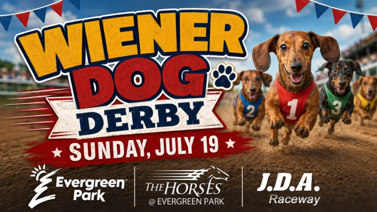 A vibrant advertisement for a Wiener Dog Derby on Sunday, July 19, shows several dachshunds in colorful numbered vests racing energetically on a dirt track, with event sponsor logos displayed below.