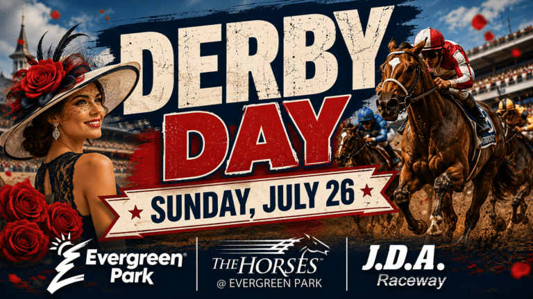 A promotional image for Derby Day depicts racehorses with jockeys thundering down a dirt track in front of a stadium, alongside a smiling woman wearing a large hat adorned with roses and feathers.