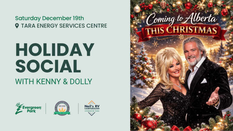 A promotional poster for a Holiday Social with Kenny and Dolly on Saturday December nineteenth at the Tara Energy Services Centre displays event details and sponsor logos on the left, while the right side features a festive Christmas illustration of two smiling individuals resembling Kenny Rogers and Dolly Parton surrounded by decorated trees and garlands.