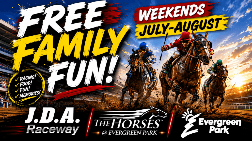 An advertisement showcases jockeys on galloping racehorses at a track during sunset, promoting free family fun events available on weekends in July and August.