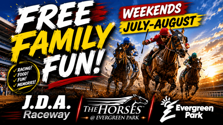 An advertisement showcases jockeys on galloping racehorses at a track during sunset, promoting free family fun events available on weekends in July and August.
