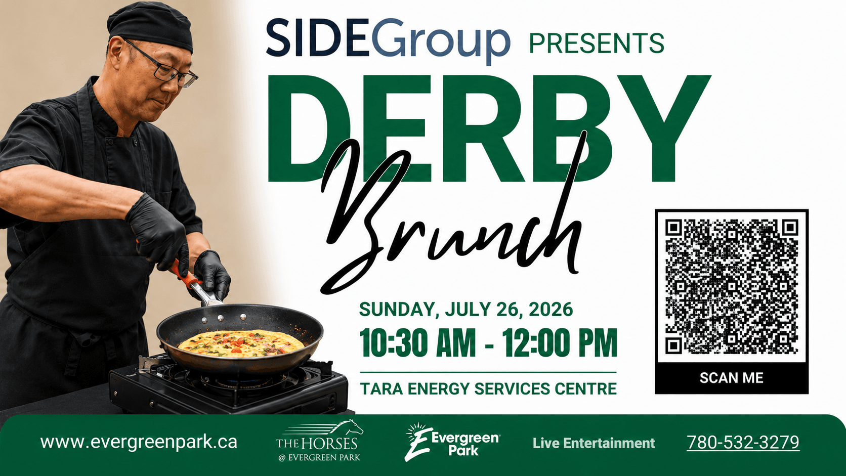 An advertisement displays a chef cooking an omelet while promoting a SIDEGroup Derby Brunch event scheduled for Sunday, July 26, 2026, at the Tara Energy Services Centre, complete with a QR code and contact details.