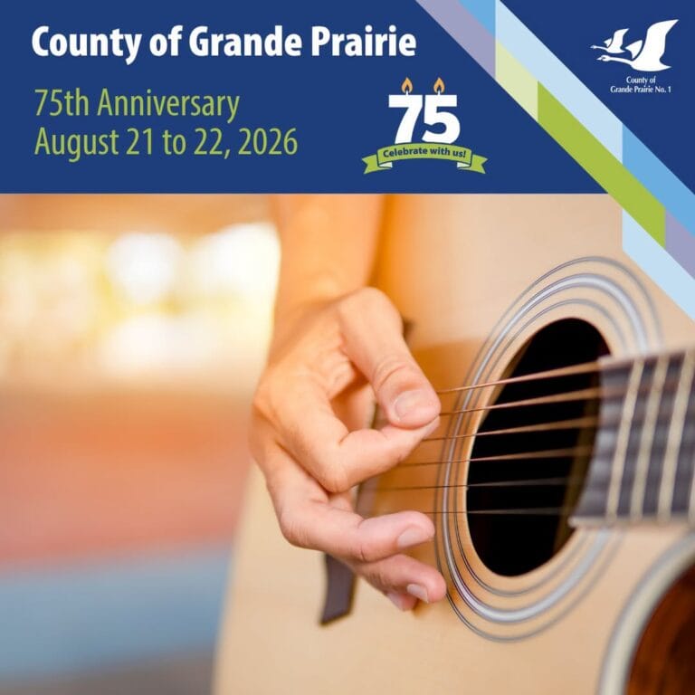 The image features an announcement for the County of Grande Prairies 75th Anniversary event from August 21 to 22, 2026, overlaid onto a photograph of a hand strumming an acoustic guitar.