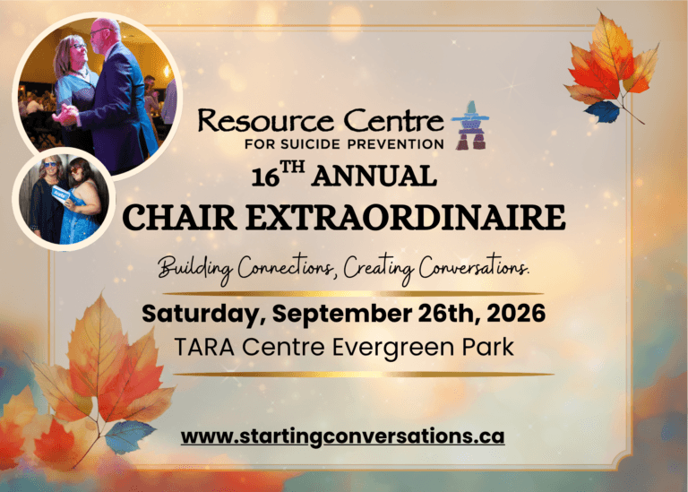 This event poster features two circular photos of people, a sparkling background with autumn leaves, and text detailing the 16th Annual Chair Extraordinaire for Suicide Prevention, scheduled for September 26, 2026.