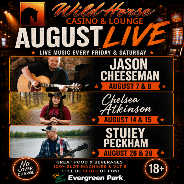 This image is a promotional poster for Wild Horse Casino and Lounge, advertising August live music performances by three different artists with their respective dates, along with information about no cover charge, food, beverages, slot machines, and an eighteen plus age requirement.
