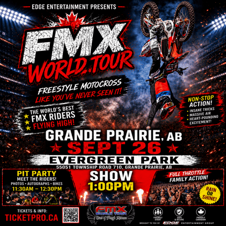 The image is an event poster advertising the FMX World Tour freestyle motocross show, featuring a rider performing an upside down aerial trick on a dirt bike above a crowd, with details for the September 26 event in Grande Prairie, Alberta.