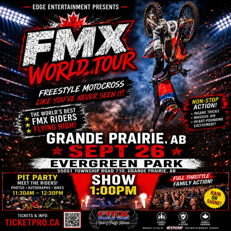 A promotional poster for the FMX World Tour showcases a motocross rider mid air performing an acrobatic trick against a backdrop of stadium lights and fiery explosions, with event details prominently displayed.