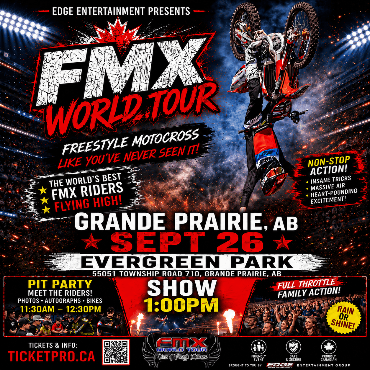 The image is an event poster advertising the FMX World Tour freestyle motocross show, featuring a rider performing an upside down aerial trick on a dirt bike above a crowd, with details for the September 26 event in Grande Prairie, Alberta.