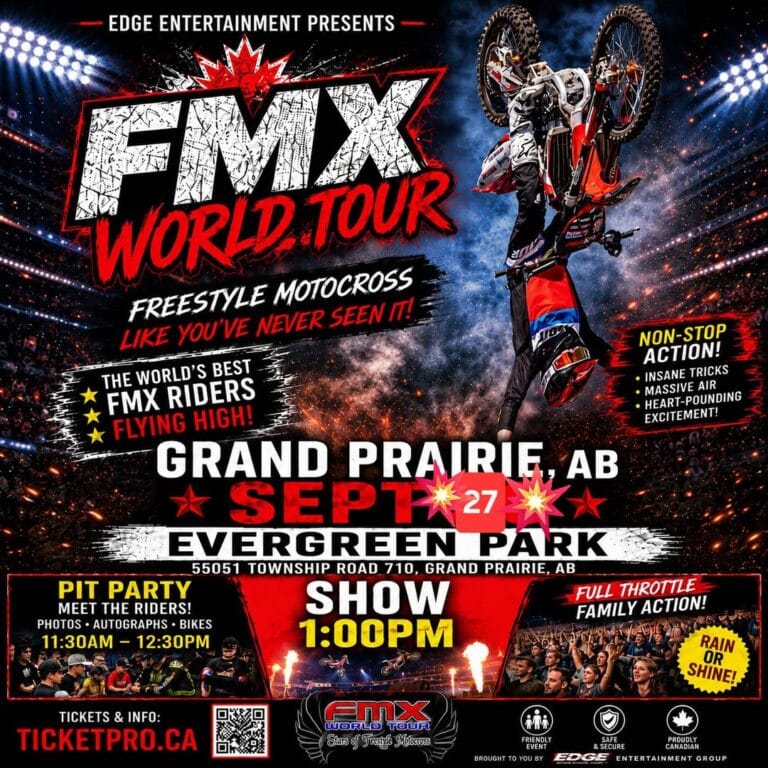 This poster advertises an FMX World Tour event, prominently featuring a freestyle motocross rider performing an upside down aerial trick above a crowd and stadium lights, with event details for Grand Prairie, Alberta on September 27.