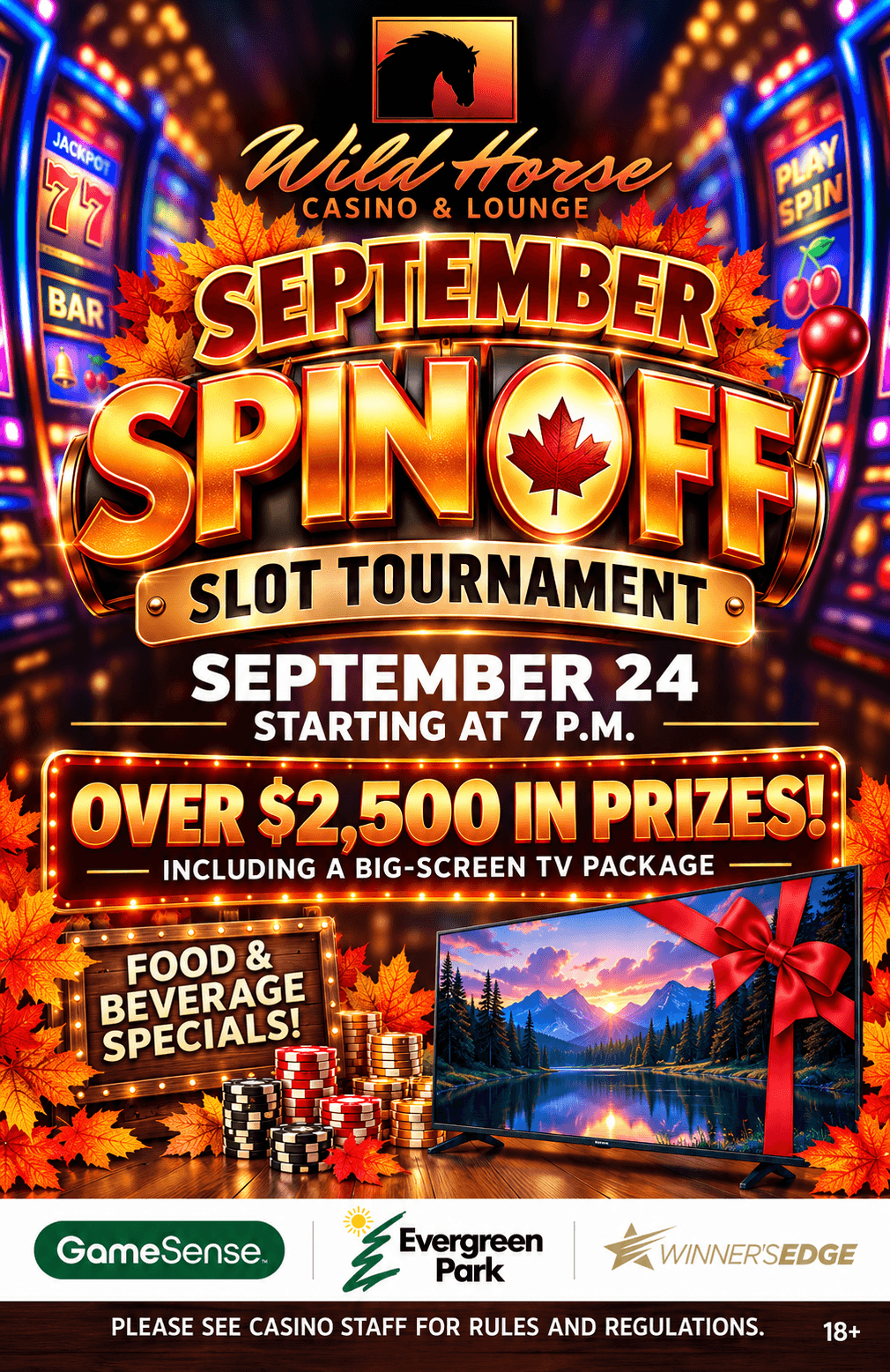 The image shows a casino promotional poster for the Wild Horse September Spin Off Slot Tournament on September 24, advertising over 2,500 dollars in prizes including a big screen television, food and beverage specials, and featuring autumn leaves, casino chips, and slot machines.