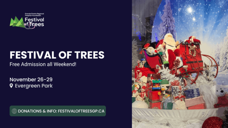 The image features a dark blue graphic promoting the Festival of Trees event with admission information, juxtaposed with a festive display showcasing a Santa Claus figure in a red sleigh overflowing with gifts and elves against a snowy winter background.