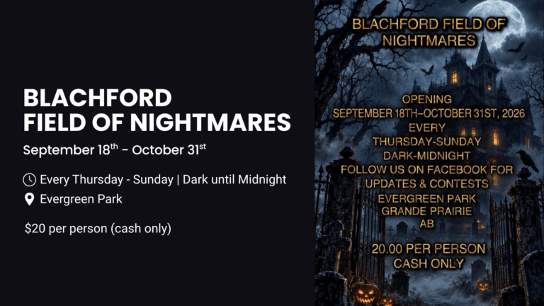 The image displays an advertisement for Blachford Field of Nightmares, featuring event specifics on a dark background to the left and a gothic illustration of a haunted house under a full moon with trees, bats, and carved pumpkins on the right.